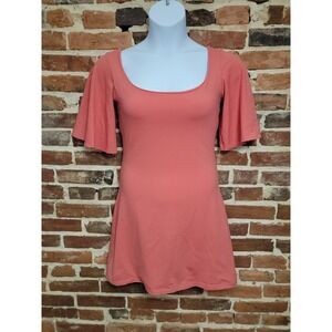 Susana Monaco Sheath Dress Womens Medium Coral Nylon Flared Sleeve Scoop Neck